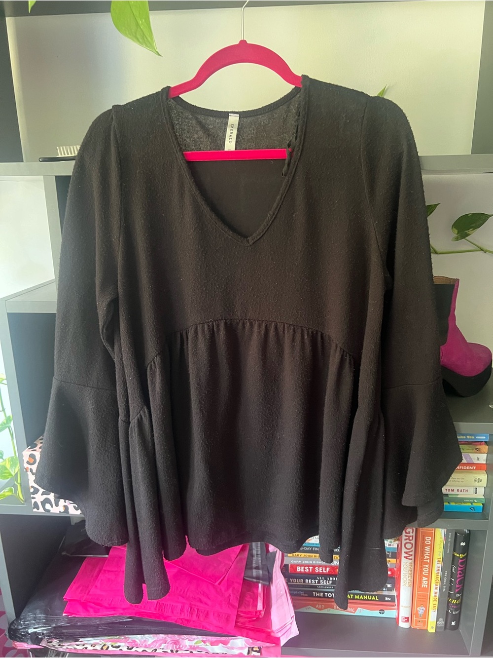 Black V-Neck Bell Sleeve Women's Babydoll Top